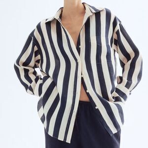 H&M Premium 100% Linen Shirt Striped Navy White